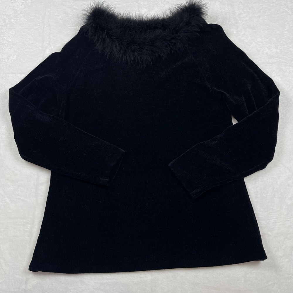 Chicos Design Vintage Black Chenille Sweater Faux Fur Trim Neckline Size 2 Large